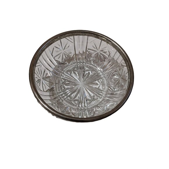 Pressed Glass Bowl With Silver-Plated Rim Starburst Pattern Vintage Elegant Deco - Picture 2 of 8